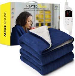 Monhouse Mounhouse Heated Throw - Electric Blanket - Digital Controller - 9Hr Timer, 9 Heat Settings - King 180X200Cm - Navy Shearling - thumbnail 1