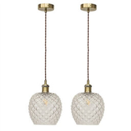 First Choice Lighting Set Of 2 Baine - Clear Textured Glass Antique Brass Retro Pendants - thumbnail 1