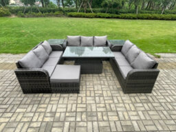 Fimous Patio Garden Dining Set Outdoor Rattan Furniture Sofa Height Adjustable Rising Table With 2 Side Tables - thumbnail 2