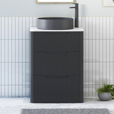Royal Bathrooms Avenza 600mm Matt Obsidian Black Floor Standing Countertop Bathroom Vanity Unit 3 Drawer Art Round Black Basin - image 1
