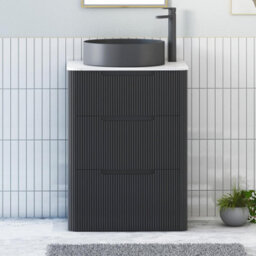Royal Bathrooms Avenza 600mm Matt Obsidian Black Floor Standing Countertop Bathroom Vanity Unit 3 Drawer Art Round Black Basin - thumbnail 1