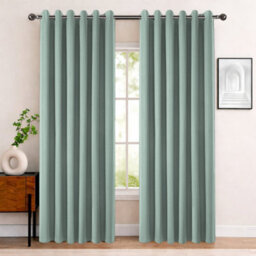Bedlooms Sage Green Linen Curtain 100% Blackout Thermal Insulated Eyelet Curtain (Pair) 66 X 90 Inches With Tie Back Two