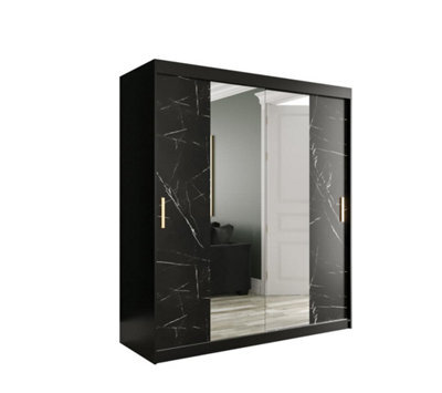 Arte Spacious Black Geneva T1 Mirrored Sliding Door Wardrobe W1800mm H2000mm D620mm - Sleek Design, Gold Handles, Ample Storage - image 1
