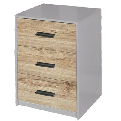 Urbn-Living Urbnliving Height 56Cm 3 Drawer Wooden Bedroom Bedside Cabinet Furniture Grey Carcass And Oak Drawers Storage Nightstand - image 1