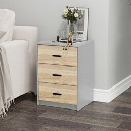 Urbn-Living Urbnliving Height 56Cm 3 Drawer Wooden Bedroom Bedside Cabinet Furniture Grey Carcass And Oak Drawers Storage Nightstand - thumbnail 2