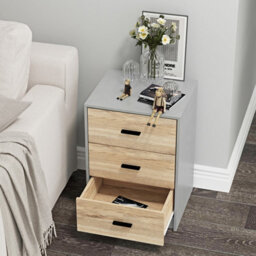 Urbn-Living Urbnliving Height 56Cm 3 Drawer Wooden Bedroom Bedside Cabinet Furniture Grey Carcass And Oak Drawers Storage Nightstand - thumbnail 5