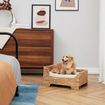 Teamson Pets Indoor Wicker Cat Or Small Dog Raised Bed, Elevated Lounger With Removable Washable Cushion, Tan - image 1