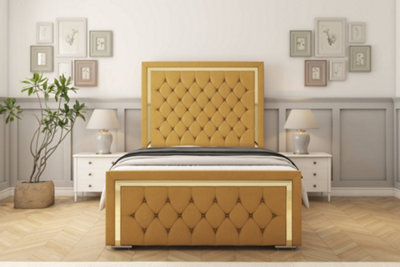 "Sloomy Sofia Gold Mustard Plush Bed Frame With Mattress With 50"" Upholstered Headboard 4'6 Double" - image 1