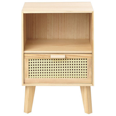 Wyld and Coco Bedsie 1 Drawer Bedside Table - Light Brown Paulownia With Rattan Front Drawer - Boho Nightstand - image 1