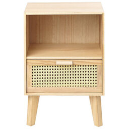 Wyld and Coco Bedsie 1 Drawer Bedside Table - Light Brown Paulownia With Rattan Front Drawer - Boho Nightstand - thumbnail 1