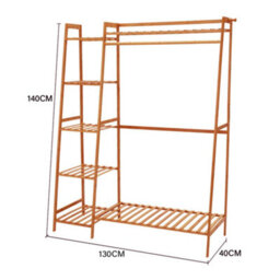 Living And Home Bamboo Bedroom Garment Open Clothes Rack With Storage Shelf, Hanging Rail And Side Hooks Brown 130Cm - thumbnail 9