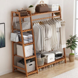 Living And Home Bamboo Bedroom Garment Open Clothes Rack With Storage Shelf, Hanging Rail And Side Hooks Brown 130Cm - thumbnail 1
