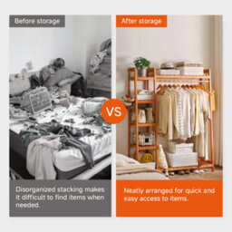 Living And Home Bamboo Bedroom Garment Open Clothes Rack With Storage Shelf, Hanging Rail And Side Hooks Brown 130Cm - thumbnail 2