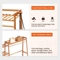 Living And Home Bamboo Bedroom Garment Open Clothes Rack With Storage Shelf, Hanging Rail And Side Hooks Brown 130Cm - thumbnail 3