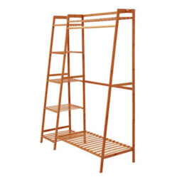 Living And Home Bamboo Bedroom Garment Open Clothes Rack With Storage Shelf, Hanging Rail And Side Hooks Brown 130Cm - thumbnail 7