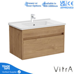 Vitra 800mm Wall Hung Bathroom Vanity Unit With 1 Drawer & Basin - Golden Oak Includes Chrome Tap