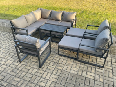 Fimous 12 Seater Aluminium Outdoor Garden Furniture Set Patio Lounge Sofa With Oblong Coffee Table Chair 2 Small Footstools