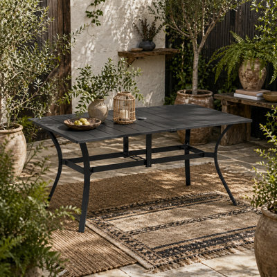 Wyld Haus Ludo 150Cm Steel Black Rectangular Garden Dining Table With Slatted Top And 42mm Parasol Hole - image 1