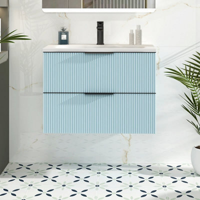 Royal Bathrooms Evora 700mm Powder Blue Fluted Wall Hung Bathroom Vanity Unit 2 Drawer Cabinet Storage With Stone Basin & Matt Black Handles - image 1