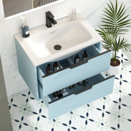 Royal Bathrooms Evora 700mm Powder Blue Fluted Wall Hung Bathroom Vanity Unit 2 Drawer Cabinet Storage With Stone Basin & Matt Black Handles - thumbnail 3