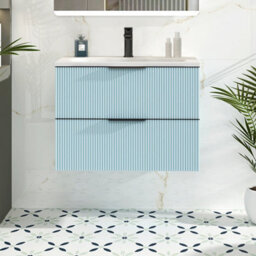 Royal Bathrooms Evora 700mm Powder Blue Fluted Wall Hung Bathroom Vanity Unit 2 Drawer Cabinet Storage With Stone Basin & Matt Black Handles
