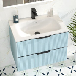 Royal Bathrooms Evora 700mm Powder Blue Fluted Wall Hung Bathroom Vanity Unit 2 Drawer Cabinet Storage With Stone Basin & Matt Black Handles - thumbnail 4