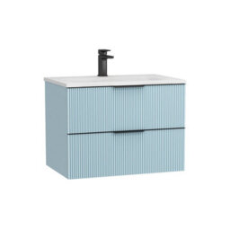 Royal Bathrooms Evora 700mm Powder Blue Fluted Wall Hung Bathroom Vanity Unit 2 Drawer Cabinet Storage With Stone Basin & Matt Black Handles - thumbnail 7