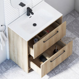 Royal Bathrooms Livora 800mm Natural Oak Floor Standing Bathroom Vanity Unit 2 Drawer With Ceramic Basin & Matt Black Handle - thumbnail 4