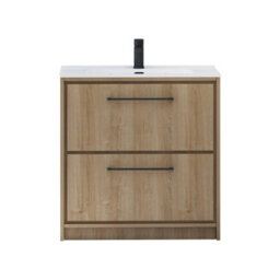 Royal Bathrooms Livora 800mm Natural Oak Floor Standing Bathroom Vanity Unit 2 Drawer With Ceramic Basin & Matt Black Handle - thumbnail 5