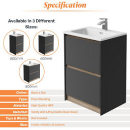 Plum&clay Norton Black & Oak Freestanding Vanity Unit & Basin Set Bathroom Furniture (W)600mm (H)855mm - thumbnail 4