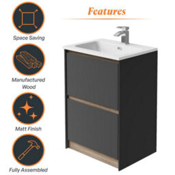 Plum&clay Norton Black & Oak Freestanding Vanity Unit & Basin Set Bathroom Furniture (W)600mm (H)855mm - thumbnail 5