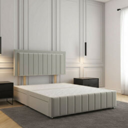 REGIONAL FURNISHINGS Silver Plush Velvet Divan Bed Set Upholstered 24Inch Headboard & Footboard & 4 Drawers No Mattress In 3Ft 4Ft 4Ft6 5Ft 6Ft Sizes