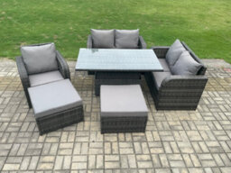 Fimous 7 Seater Rattan Furniture Garden Dining Set Outdoor Height Adjustable Rising Lifting Table Sofa Chair With 2 Big Footstool - thumbnail 2