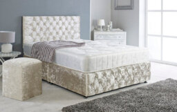 Adore Designs Chesterfield Crushed Velvet Divan Bed, Ortho Mattress, Footboard & Square Stool - 4Ft Small Double - Cream - 2 Drawers Foot End - thumbnail 1