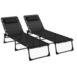 Outsunny 2 Pcs Folding Beach Chair Chaise Lounge 4 Adjustable Positions, Black - thumbnail 2