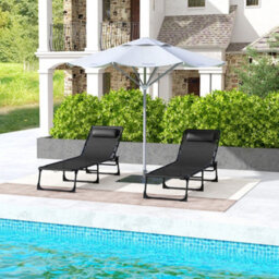 Outsunny 2 Pcs Folding Beach Chair Chaise Lounge 4 Adjustable Positions, Black - thumbnail 1