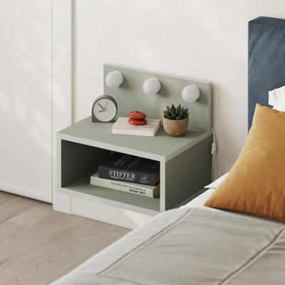 Decortie Floating Bedside Table With 3 Led Lights 30Cm Modern Wall-Mounted Open Shelf For Storage, Bedroom Space-Saver, Ash Green - image 1