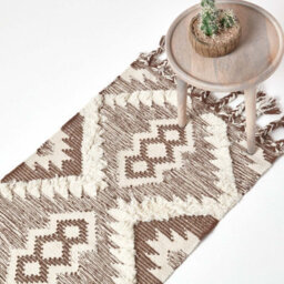 Homescapes Lhasa Handwoven Brown And Cream Textured Diamond Pattern Kilim Wool Rug, 66 X 200 Cm - thumbnail 1