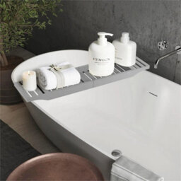 Grey Bamboo Bath Tub Rack Foldable Adjustable Tray Caddy Organiser - thumbnail 3