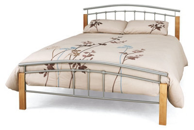 Save On Goods UK 4Ft6 Double Silver Metal Tubular Bed Frame, Beech Wood Finish Corner Posts.strong Sturdy Frame Bedstead Base. - image 1