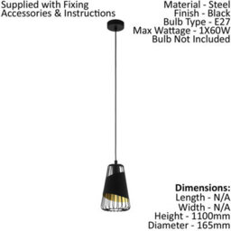 Stylish Black And Gold Hanging Pendant Light For Hallways - 1X 60W E27 - thumbnail 2