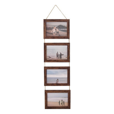 Brown Collage Picture Frame For 4 Photos Mdf Picture Frames W/ Hanging Rope Wall Decor - image 1
