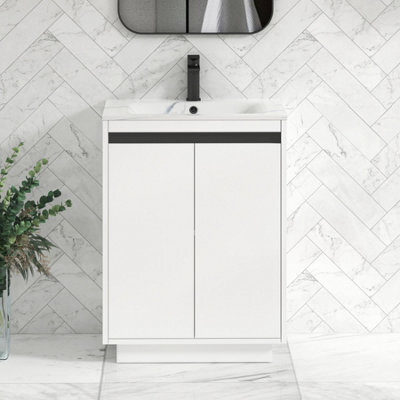 Royal Bathrooms Orion 600mm Matt White 2 Door Floor Standing Bathroom Vanity Unit With Carrara White Basin & Black Accent Trim - image 1
