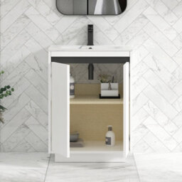 Royal Bathrooms Orion 600mm Matt White 2 Door Floor Standing Bathroom Vanity Unit With Carrara White Basin & Black Accent Trim - thumbnail 4