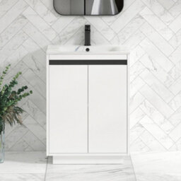 Royal Bathrooms Orion 600mm Matt White 2 Door Floor Standing Bathroom Vanity Unit With Carrara White Basin & Black Accent Trim - thumbnail 1