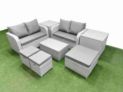 Fimous 7 Seater Outdoor Love Sofa Set Rattan Garden Furniture Set Rectangular Coffee Table 3 Footstool 2 Side Tables Light Grey - image 1