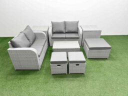 Fimous 7 Seater Outdoor Love Sofa Set Rattan Garden Furniture Set Rectangular Coffee Table 3 Footstool 2 Side Tables Light Grey - thumbnail 2