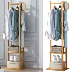 Versatile Bamboo Coat Stand Corner Clothes Rack Garment Shelf Hanging Rail Hooks - thumbnail 4