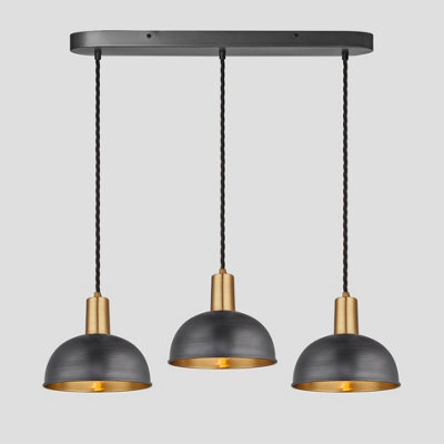 Industville Sleek Dome 3 Wire Oval Cluster Lights, 8 Inch, Pewter & Brass, Brass Holder