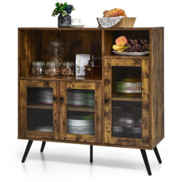 Costway Kitchen Side Cabinet Wooden Buffet Sideboard Cupboard W/ Tempered Glass Doors